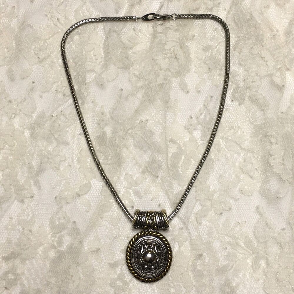 Vintage Silver Gold Tone Mix Necklace Ornate Medallion Woven Style Chain
